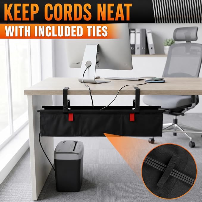 Under Desk Cable Management Tray 28" — No Drill Clamp-On Cord Organizer for Desk with Built-in Ties, Heavy Duty Metal Clamp, Foldable 600D Oxford Fabric for Home Office, WFH & Gaming PC Setup (Black) - Image 8
