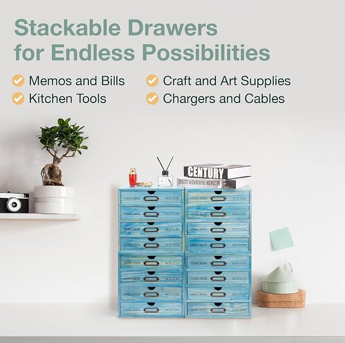 4-Pack Turquoise Countertop Organizer Drawers - Stackable 4-Drawer Mini Filing Cabinets for Desktop - 9.7x7x10in European Country Style Storage Drawers w/Label Holders, Fully Assembled - Image 6