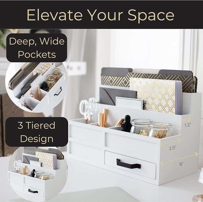 BLU MONACO | White Desktop Organizer with Drawer Storage | Tabletop Organizer with Drawers for Paper Bills Mail | Wooden Mail Organizer for Countertop Workspace - Image 3