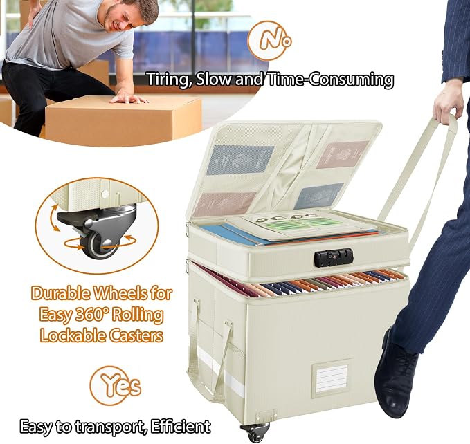 DocSafe Fireproof Document Box with Lock,2-Layer File Box with Wheels,Collapsible File Storage Organizer with Pockets,Large Portable Office Filing Cabinet for Hanging Folders,Beige,16''x13.8''x12.2'' - Image 7
