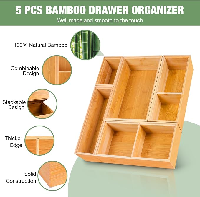 Bamboo Drawer Organizer,5 PCS Silverware Organizer & Kitchen Organizers and Storage,Utensil Drawer Organizer With Removable Dividers for Kitchen,Utensils,Bathroom,Office,Makeup(Natural) - Image 3