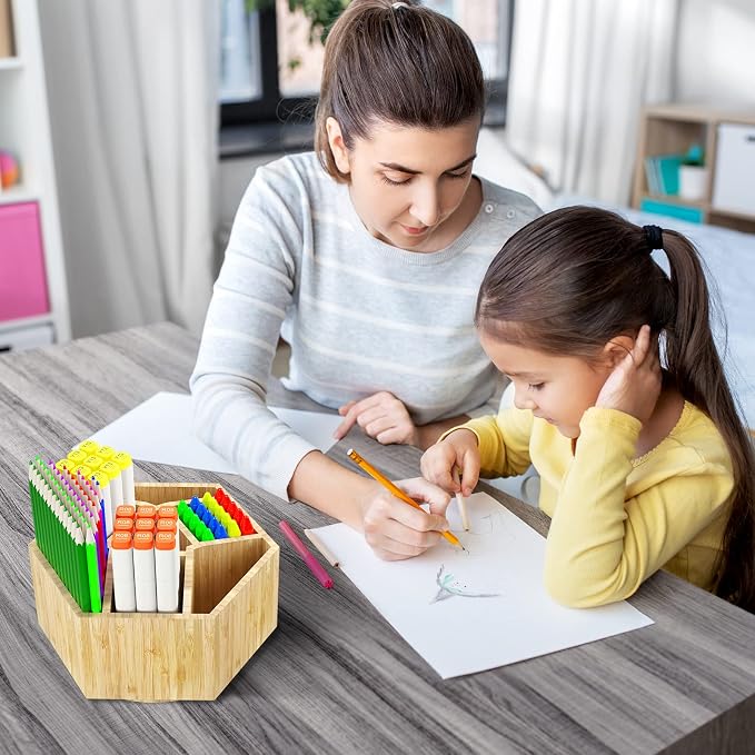 Bamboo Art Supply Organizer,Rotating Pencil Holder Back to School Supplies | Hold 350+ Pencils, for Pen, Colored Pencil, Art Brushes, Desktop Storage Caddy for Classroom & Art Studio - Image 6