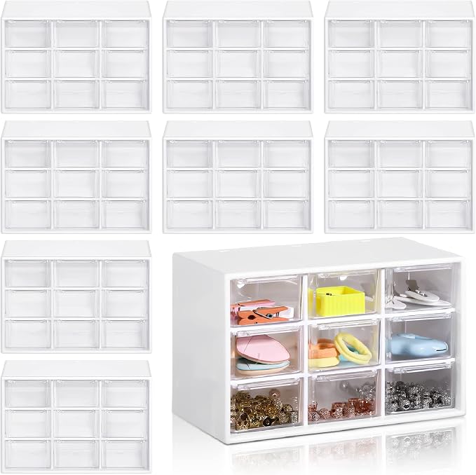 Rtteri 9 Pieces Mini Drawer Organizer Plastic Desktop Storage Box Desk Craft Organizer with 9 Clear Drawers for Office Home Jewelry Small Parts Belongings Cosmetics Collection, Wall Mounted (White) by Rtteri
