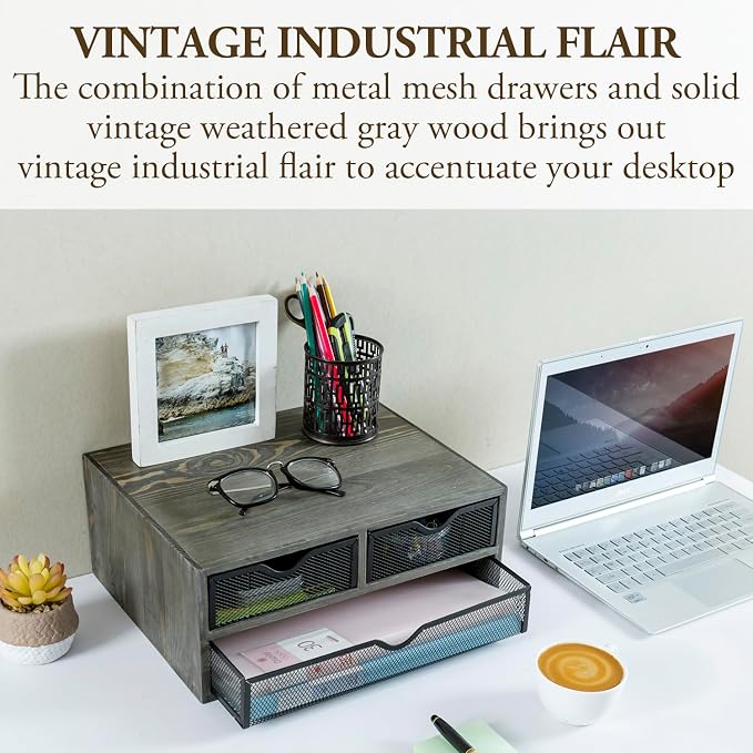 MyGift Vintage Weathered Gray Solid Wood Desktop Organizer Box with 3 Removable Black Metal Mesh Trays, Office Desk Supplies Storage Drawers for Accessories - Image 4