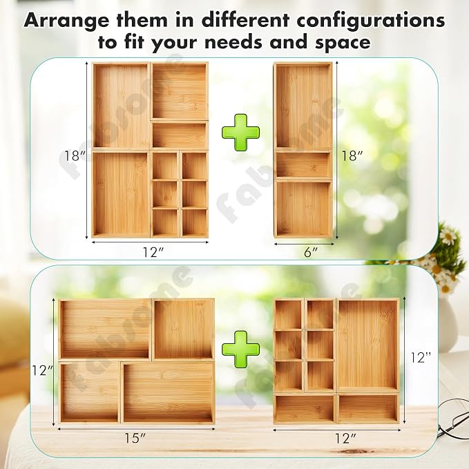 Fabsome Drawer Organizer, Set of 9 Bamboo Wood Kitchen Makeup Desk Junk Tea Drawer Storage Boxes Bins for Cutlery Silverware Utensils Flatware, Small Wooden Container Tray for Bathroom, Office - Image 7