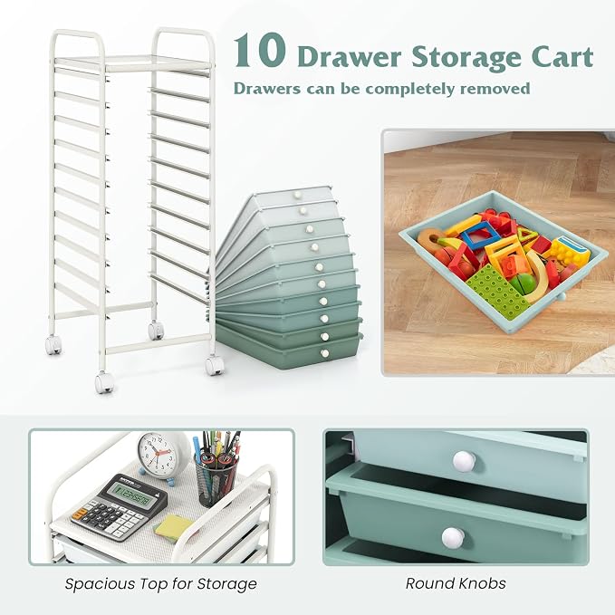 Storage Cart, Rolling Utility Cart with 10 Drawers, Portable Handles & Lockable Wheels, Mobile Paper Toys Storage Organizer Large Capacity for Home Office School Teacher (Gradient Green) - Image 4