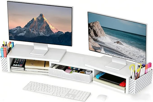 Spacrea Metal Desk Organizers and Accessories, Dual Monitor Stand Riser with Drawer and 2 Pen Holders, Desk Accessories & Workspace Desktop Organizers for Office Supplies (White) by Spacrea