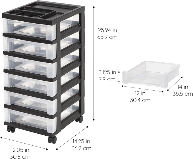 IRIS USA 6-Drawer Rolling Storage Cart, Black/Clear | Keep craft supplies, office essentials, classroom items, and accessories organized with easy-access drawers for daily use - Image 3