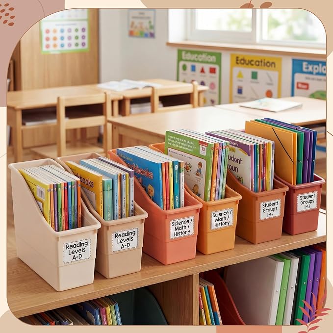 Blosssound 12 Set Book Bins for Classroom with Label Sticker Book Box Baskets Plastic Stackable Organizing Bins Storage & Organization for Classroom Library Home School Supplies (Earth Tones) - Image 4