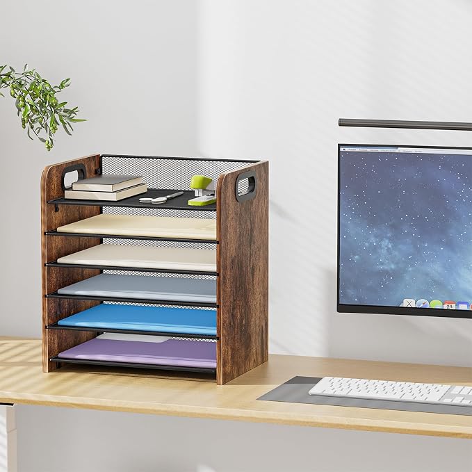 Marbrasse 6 Tier Paper Organizer Letter Tray - Wooden Desk File Organizer with Handle, Paper Sorter Organizer for Letter/A4 Office File Folder Holder - Image 6