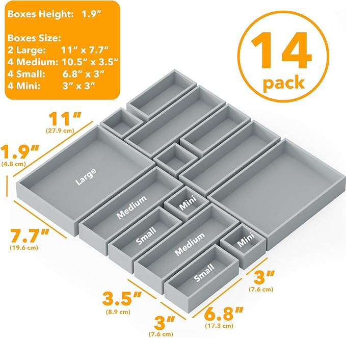 SpaceAid 14-Piece Bamboo Drawer Organizer Storage Boxes Set, Wood Tray Junk Drawer Organizers Multi-Use Divider Bins for Kitchen, Bathroom, Office Desk and Makeup Organization (14 Pack, Gray) - Image 3