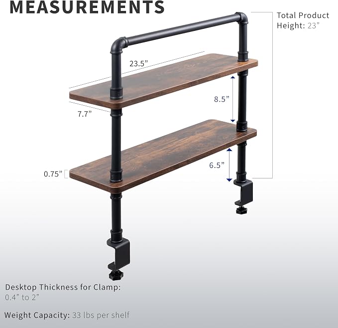 VIVO Clamp-on Premium 24 inch Industrial Pipe 2-Tier Tabletop Shelving, Heavy Duty Desk Extension Organizer, Modern Desktop Display Shelf, Rustic Vintage Brown Shelves, DESK-SHELF24-2N - Image 3