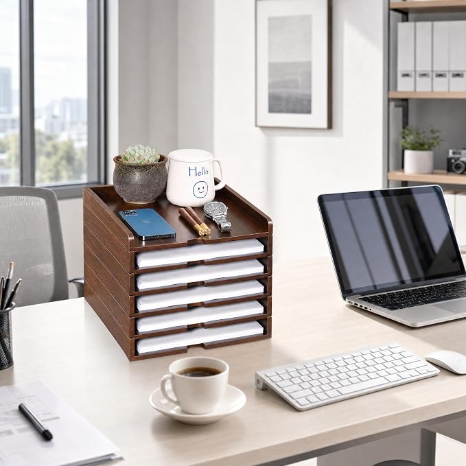Solid Wood Letter Tray, 6-Tier Pull-Out Paper File & Desk Organizer, Walnut | Stackable Wooden Paper Organizer for A4, Mail & Folders, 5-in-1 Desktop Storage with Tablet Phone Stand for Home Office - Image 7