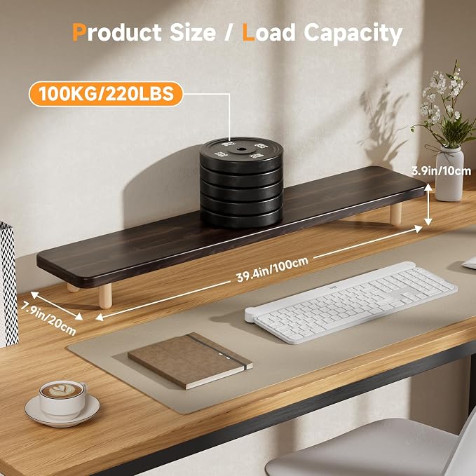 Dual Monitor Stand Riser, 39 Inch Extra Long Wooden Desktop Monitor Riser with Storage for 2 Monitors Ultra Strong Desk Shelf Organizer Riser Ergonomic for 2 Screens/Laptop/PC/TV/Printer (Dark Walnut, 39inches) - Image 3