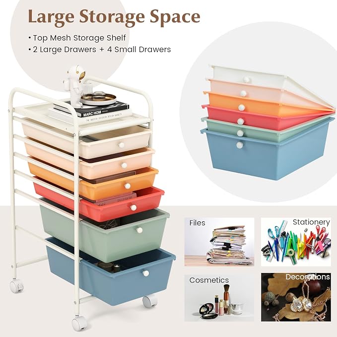 COSTWAY 6-Drawer Rolling Storage Cart, Art Craft Tools Organizer on Wheels | Multifunctional Heavy Duty Utility Mobile Storage Trolley w/ 2 Lockable Wheels for Home Office School (Macaron) - Image 5