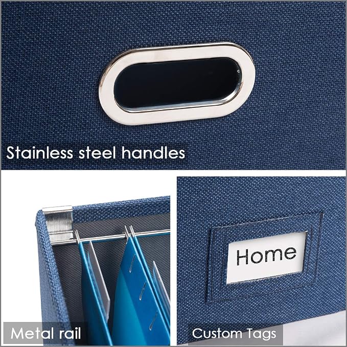 File Organizer Box - Set of 1 Collapsible Decorative Linen Filing Storage Hanging File Folders with Lids Office Cabinet Letter Size Navy Blue (14x9.3x10.8 inch) - Image 6