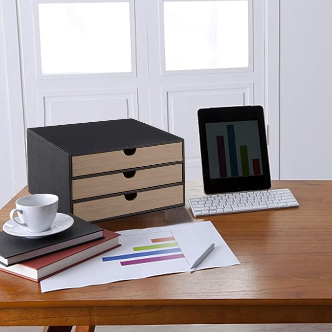 PU Leather Desk Organizer with 3 Drawers,Executive Office Supplies Desktop Filing A4 File Cabinet/Holder for Jewelry/Bill/Paper/Documents/Makeup Home Decor Stationery Storage Box,Black - Image 8