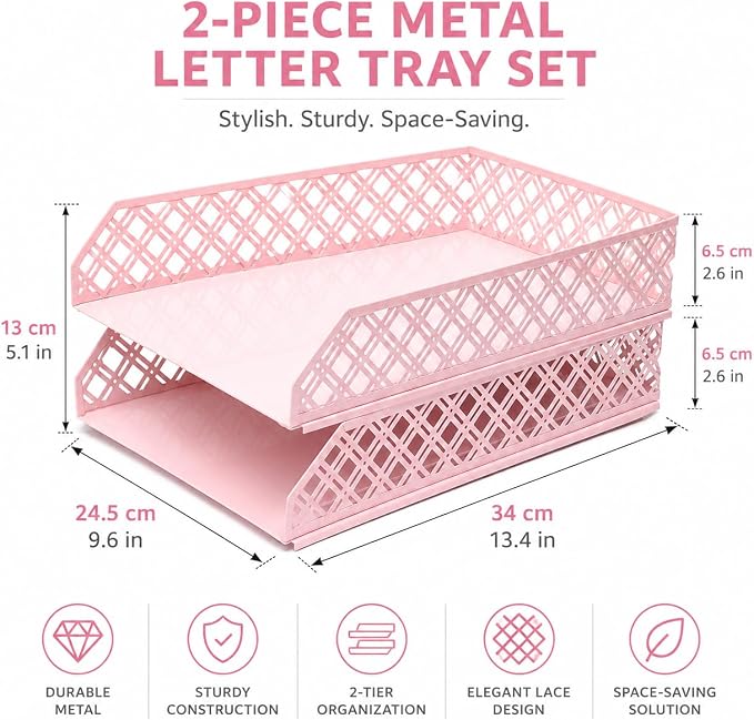 Exerz Letter Trays 2pcs Stackable Paper Sorter/Desk Organiser/File Tray for Desk - Wire Mesh Metal File Rack - Office, School, Home Study (Light Pink) - Image 2