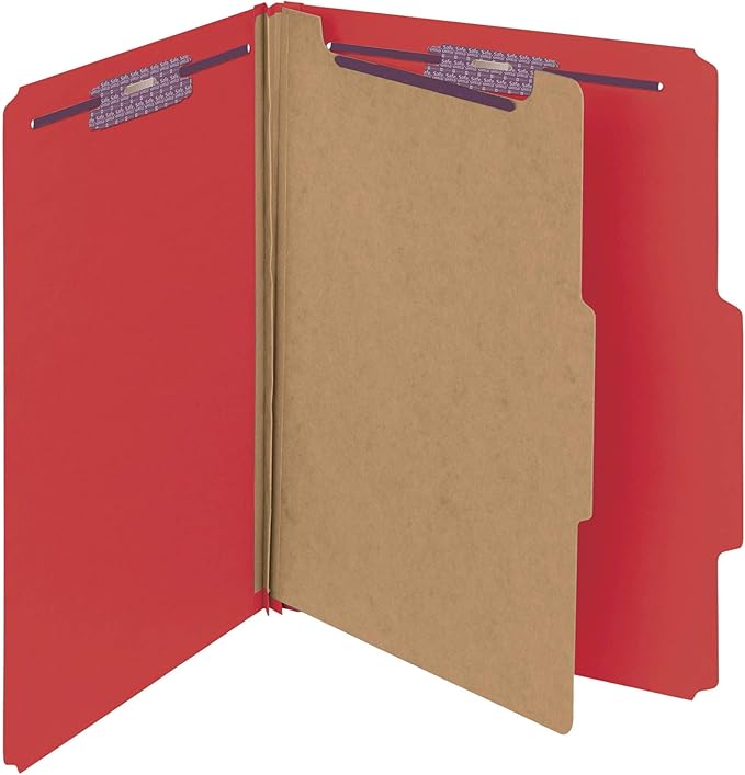 Smead Pressboard Classification File Folder with SafeSHIELD Fasteners, 1 Divider, 2" Expansion, Letter Size, Bright Red, 10 per Box (13731) (Pack of 1) by SMEAD