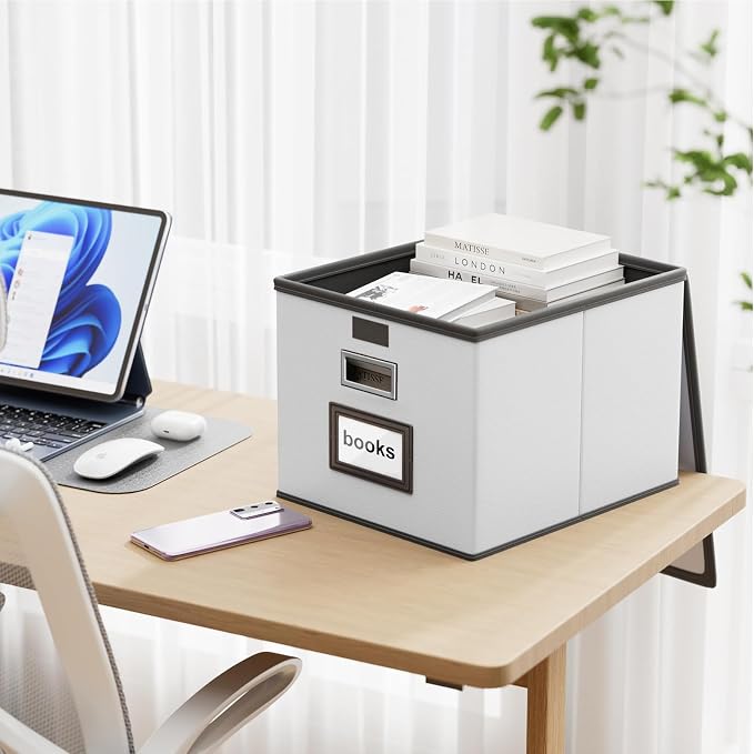 File Organizer Box with Lids, Collapsible File Folder Organizer | File Box with Plastic Slides for Document, Filing Bin for Letter Size Hanging File Folders (4 Pack, Silver, Leather) - Image 2