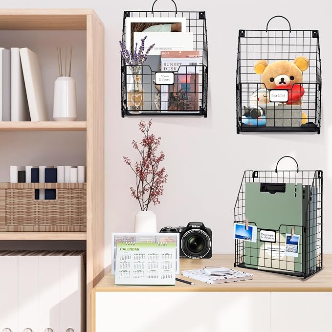 DILIBRA 4 Packs Hanging Wall File Organizer, Foldable Magazine File Holder | Wall Magazine Holder with Handle and Tag Slot, Metal Wall Mounted Mail Organizer Rack Folder Holder for Document Office Door - Image 2