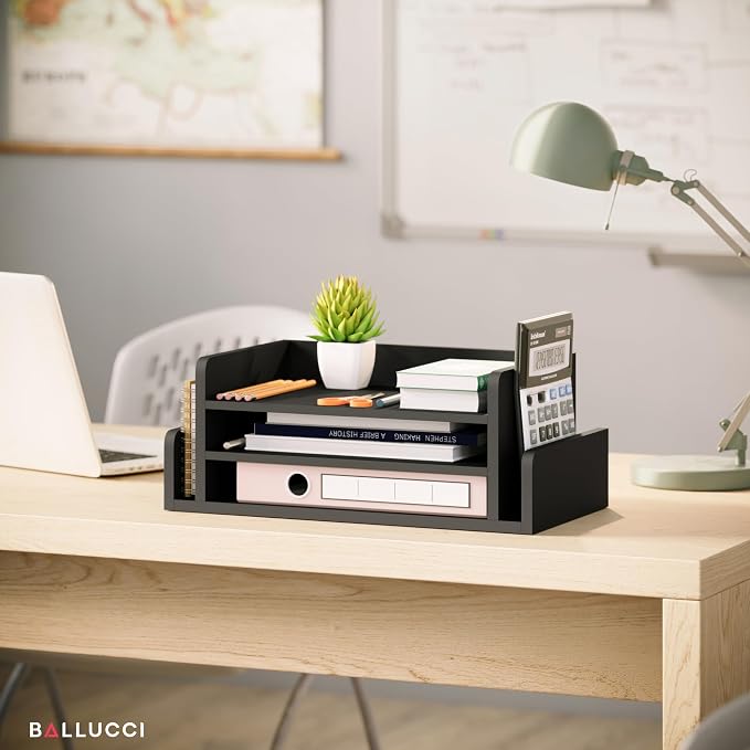 Ballucci 3-Tier Desk Organizer with 2 Side Mail Sorter Slots, Wood Letter Tray, Open Top Paper Organizer, Desktop File Organizer, Black - Image 4