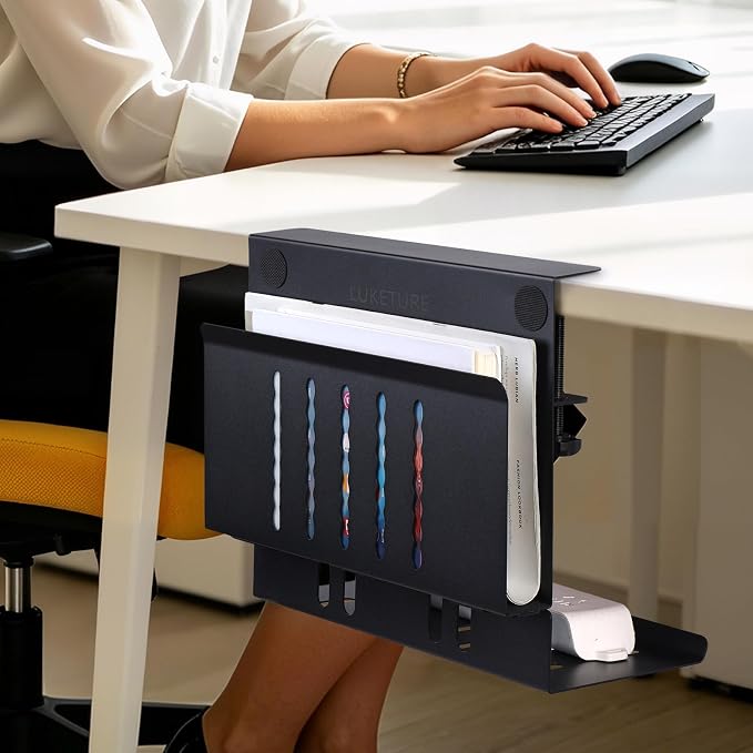 LUKETURE Desk Side Storage, Under Desk Laptop Mount with Cable Tray | 2-in-1 Steel laptop mount clamps to desk side, no drilling. Built-in cable tray hides cords. Holds 30 lbs, Office and Home - Image 8