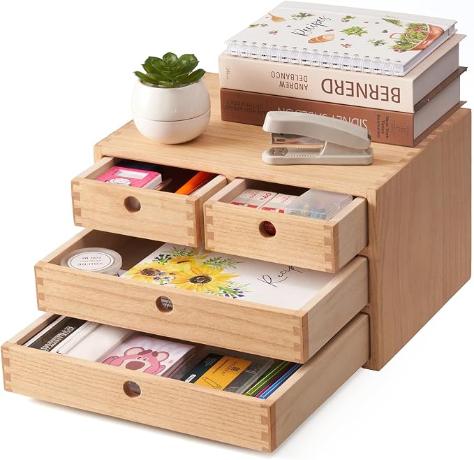 KIRIGEN Wood Desk Organizer with 4 Drawers, Desktop Storage, Natural 34-NA | 3-Tier Solid Wood Cabinet Holds Letter-Size Paper, Mail, Makeup, Crafts, and Home Office Supplies, Fully Assembled by KIRIGEN