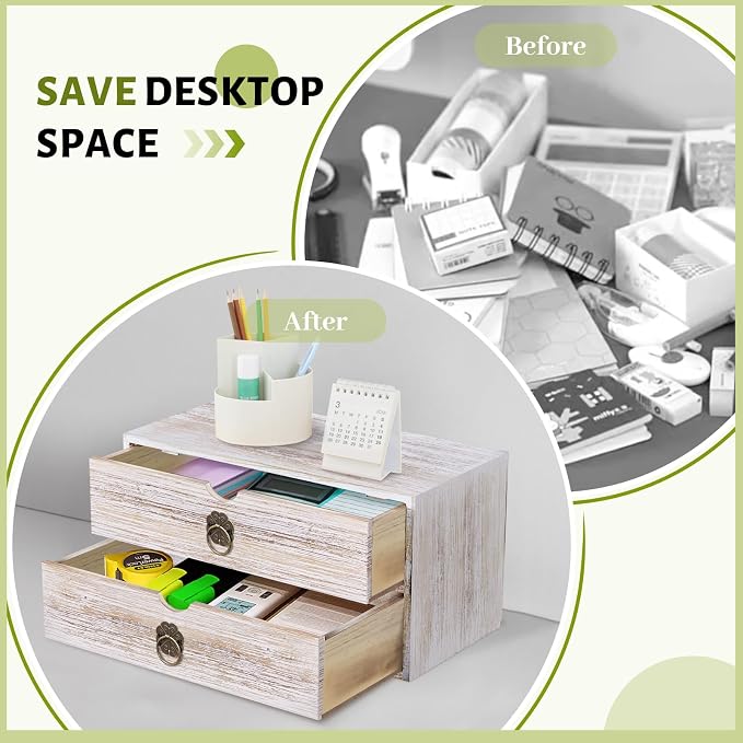 Wood Desk Organizer, Vintage Brown Wooden Desktop Organizer with Drawer, Tabletop Storage Organization Box for Countertop, Home Office Supplies, Bills, 13.3 x 6.5 x 7 Inches(2 Drawer) - Image 6