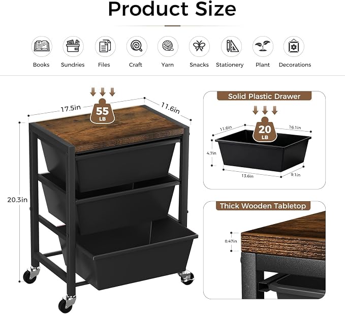 Rolling Cart with 3 Drawers, Plastic Drawer Storage Carts with Lockable Wheels & Wooden Tabletop, Metal Art Craft Utility Cart Organizer for Home Office Bedroom Dorm Bedside Classroom, Dark Black - Image 4