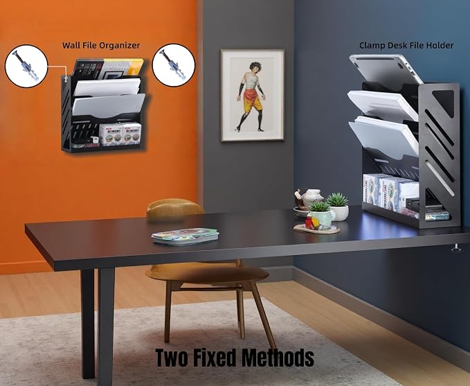 CanKing Metal File Organizer 4-Tier Clamp Desk and Wall Mount | Sturdy paper holder and wall mail shelf featuring integrated compartmentalized bill storage for desktop and office use - Image 3