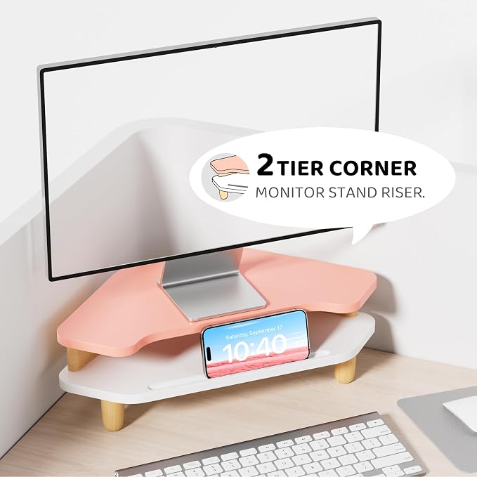AFOOYO Monitor Stand Riser,2 Tier Corner Wood Sturdy 16.5In Computer Stand, Multi-Purpose Desktop Storage Stand for Laptop,PC,iMac,Printer,Computer,Pink - Image 2