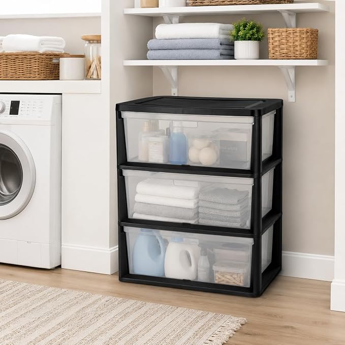 3-Drawer Storage Tower, Plastic Organizer with Clear Removable Bins, Black - Image 5