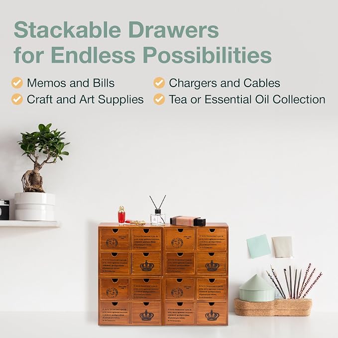 Modular Stackable Set of 4 Mahogany Brown Wood Storage Drawers for Desktop - 16-Drawer Stackable Desk Organizers - Vintage Style Office & Study Table Wooden Storage Boxes, Fully Assembled - Image 6