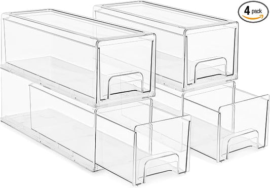 Sorbus Small Wide Clear Stackable Storage Drawers – 4-Pack Plastic Organizer Bins with Handles – Stackable Pull-Out Storage Drawers for Closet, Pantry, Office, Bathroom, Craft, and Toy Organization by Sorbus