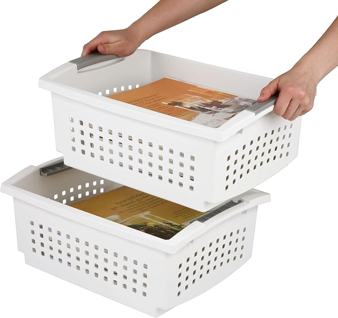 Sterilite 12 Pack Large Stacking Basket, Open Top Storage Bin with Handles, White - Ideal for Home Closets, Kitchens, or Office Organization - Image 5