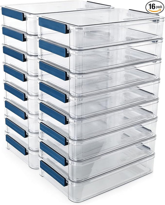 CATOOMUU 16-Pack 9x13 Shallow Flat Clear Plastic Storage Boxes | 5.5Qt stackable cases with lids, snap-tight latch container for paper, A4 files, documents, scrapbook, craft, art supplies by CATOOMUU