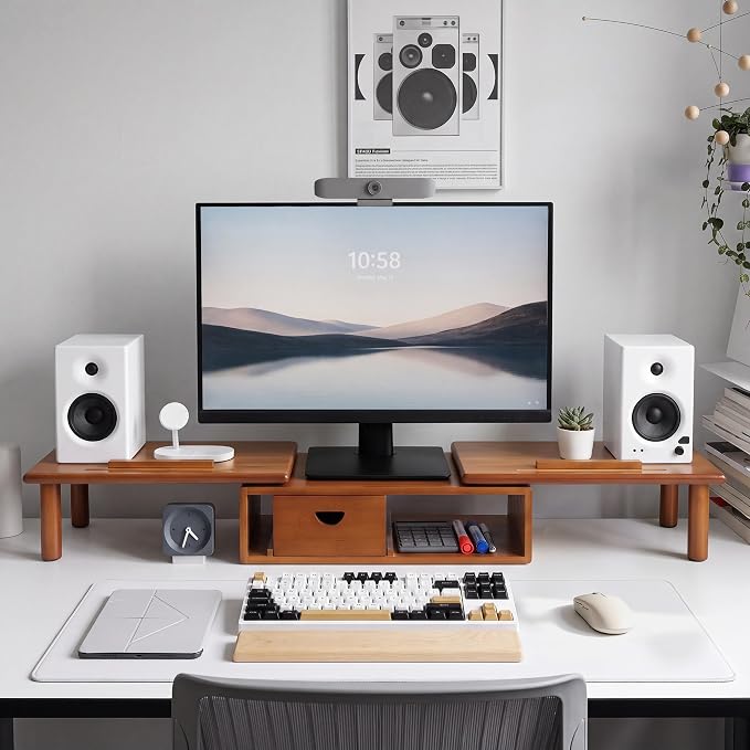 Dual Monitor Stand Riser with Drawer for Desk Laptop | Desk Shelf with Adjustable Length and Angle, Bamboo Computer Stand Riser for 2 or 3 Monitors Screen Laptop PC TV Brown - Image 6