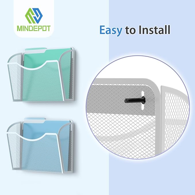 MINDEPOT Wall File Organizer, Hanging Wall File Holder, 6 Pack, Silver | Heavy Duty Iron, Metal Mesh Wall Mount, Single Pocket, Mail Organizer, for Office School Classroom Home, Letter A4 Size - Image 4