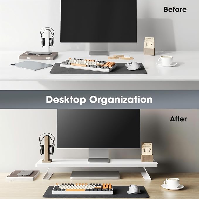 Fenge Monitor Stand Riser, Wooden & Metal Desk Shelf Organizer, White | 31.5in Computer Stand, Single Monitor Setup, for Compact Work Station, Multifunctional Monitor Shelf for Laptop, PC, Printer - Image 8