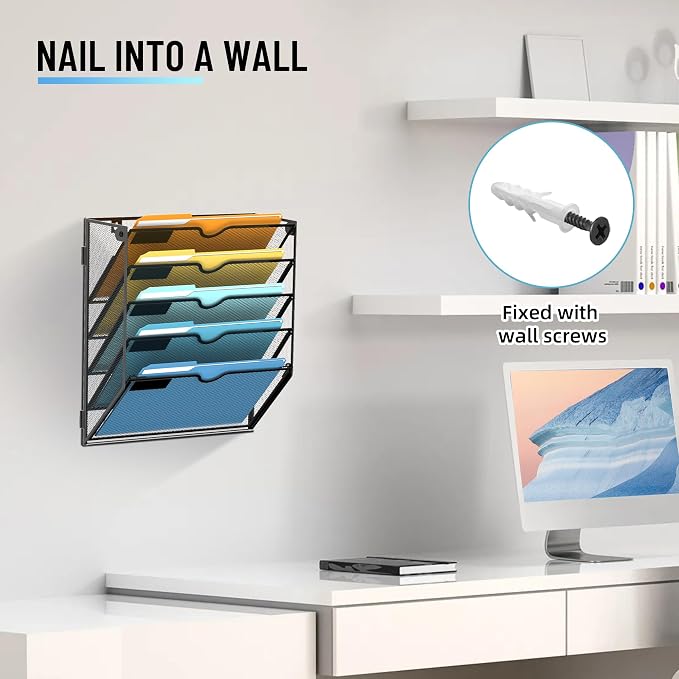 5-Tier Hanging Wall File Organizer with Hooks, 2 Pack | Mesh Wall File Holder, Mail Organizer Wall Mounted for Papers, Documents, Folders and Magazines in Home Office, Classroom - Image 5