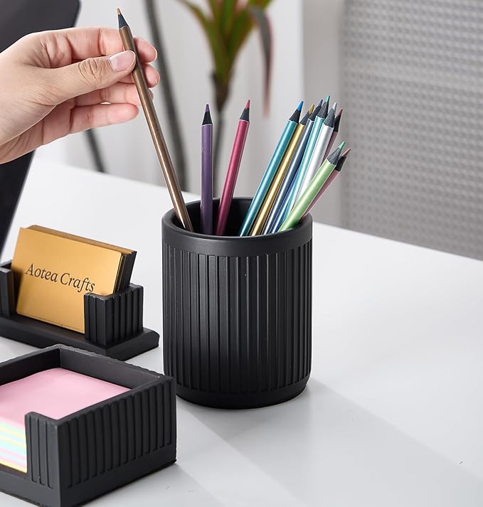 Set of 4 - Concrete Desk Accessories For Modern, Industrial, Minimalist Office Decor- Aesthetic Desk Organizers Accessories For Women or Men- Pen, Business Card Holder & Sticky Note, Paper Clip Holder