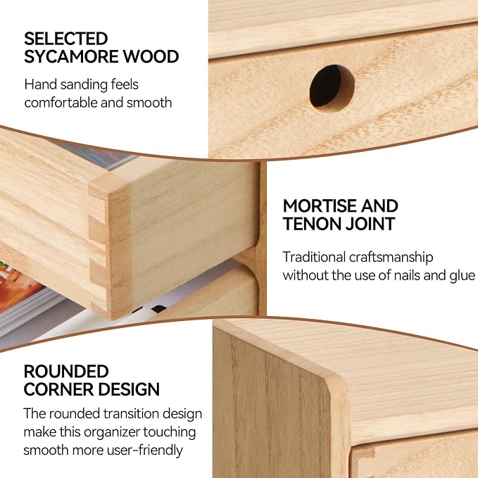 KIRIGEN Wooden Desk Organizer with 3 Drawers and Top Tray Natural DT2D3C-NA | 3-Drawer Cabinet with Top Shelf Stores Papers, Office Supplies, Cosmetics, Crafts, and Small Accessories on Desks or Counters - Image 5