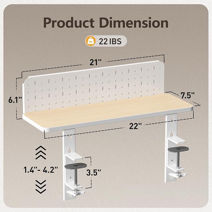 Clamp on Desk Extender Shelf, 22" Desk Riser with Pegboard | Heavy-Duty Side/Top Desk Organizer Shelf for Office Accessories, Monitor and Laptop Riser, Light Wood - Image 2