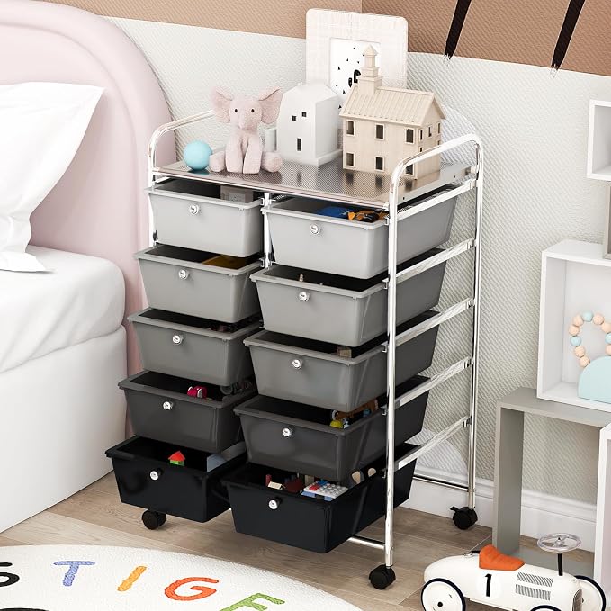 COSTWAY 10 Drawer Rolling Storage Cart, Utility Cart with Lockable Wheels | Mobile Art Supply Craft Organizer with Metal Frame, Multipurpose Drawer Cart for Paper for Office, School, Mixed Black - Image 8