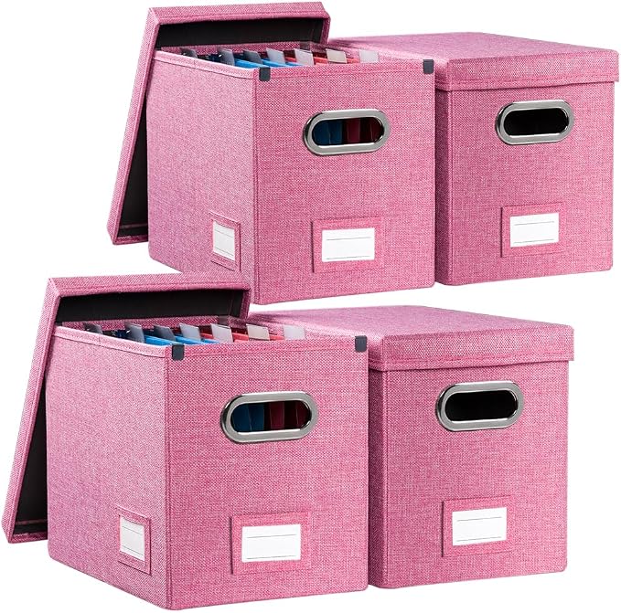 File Organizer Box - Set of 4 Collapsible Decorative Linen Filing Storage Hanging File Folders with Lids Office Cabinet Letter Size Pink (14x9.3x10.8 inch) by Prandom