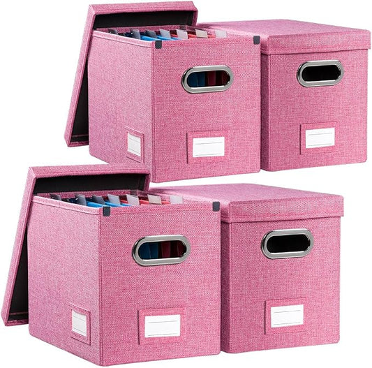 File Organizer Box - Set of 4 Collapsible Decorative Linen Filing Storage Hanging File Folders with Lids Office Cabinet Letter Size Pink (14x9.3x10.8 inch) by Prandom