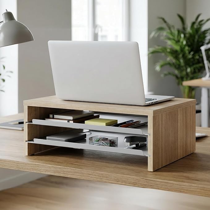 Fenge 14.3-Inch Monitor Stand with Slide-Out Trays, Wood & Metal Desk Shelf | 3-Tier Space-Saving Desk Storage Organizer, Fits Computer, Laptop, Printer and Telephone - Image 2