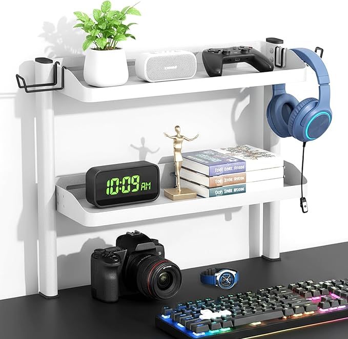 Clamp on Desk Shelf White, 2-Tier Office Desk Shelves Organizer, 17in Small Shelf for Top of Desk with Headphone Holder, Hooks, Desktop Storage Rack for Home Workspace, Study Rooms, Gaming Accessories by DEARPER