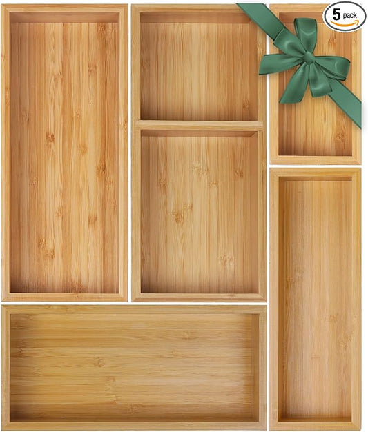 MapleGrace Bamboo Drawer Organizer Set, Individual Wood Storage Organizers | 5 PCS Multi-Use Junk Drawer Divider, Storage Trays Containers for Kitchen, Bathroom, Office Desk, Makeup, Jewelry, Utensils by MapleGrace